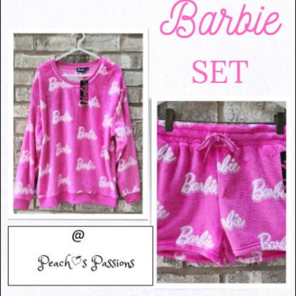 Barbie Pink Fleece Sweatshirt & Short SET Size Woman's Large NWT!